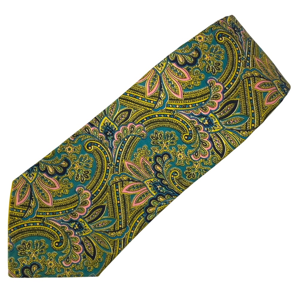 Handmade Silk Tie Mens Teal Yellow Pink Paisley Retro Wide Dress 57x4 Palm Beach